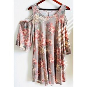 ODDY Women's 1XL Taupe Vintage Rose Floral Jersey Dress Cold Shoulder Sleeves